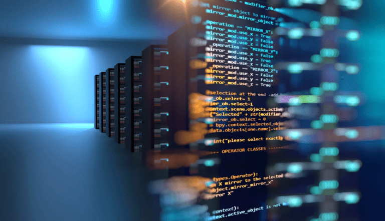 A row of computer servers in a data center, with brightly colored programming code overlaid in the foreground, symbolizing data processing and information technology.