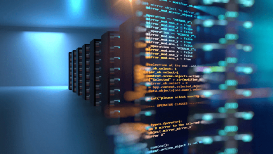 A row of computer servers in a data center, with brightly colored programming code overlaid in the foreground, symbolizing data processing and information technology.