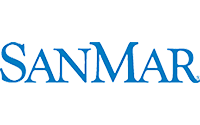 Blue text logo that reads SANMAR in a serif font on a light gray background.