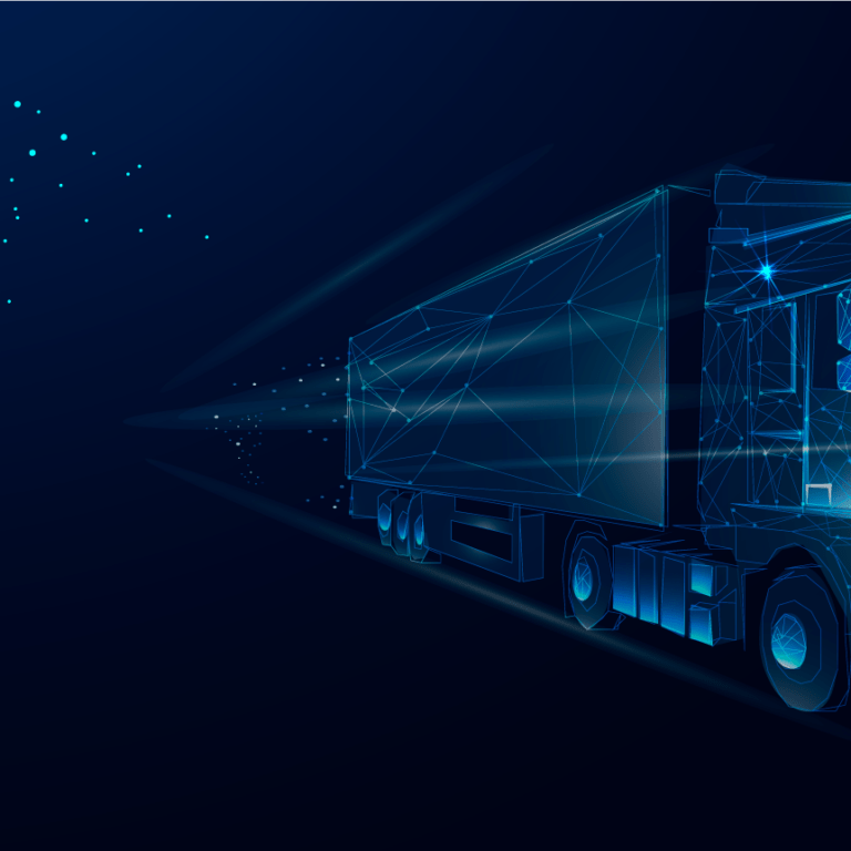 A futuristic, digital illustration of a semi-truck glowing with blue lines and geometric shapes, driving through a dark, starry background, representing advanced technology in transportation or logistics.
