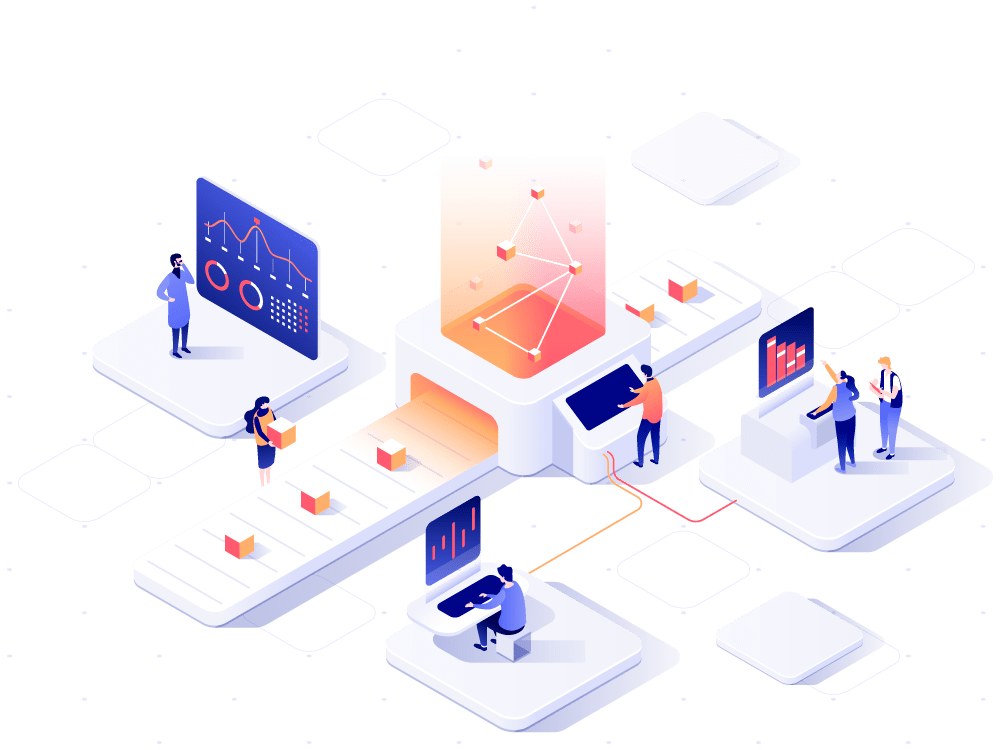 Isometric illustration of people interacting with digital charts, data dashboards, and a conveyor belt moving boxes, representing data analysis, order orchestration, and workflow automation in a modern, tech-driven environment.