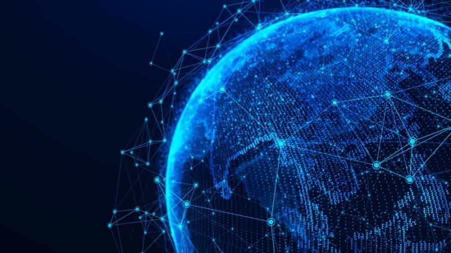 A digital rendering of Earth with glowing blue lines and dots, representing a global network or digital connections, set against a dark background.