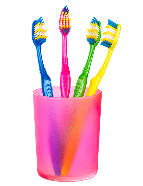 Four colorful toothbrushes—blue, pink, green, and yellow—stand upright in a translucent pink cup against a white background, adding a fresh touch reminiscent of the precision often found in top supply chain consulting services.