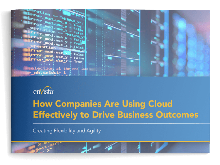 A booklet titled How Companies Are Using Cloud Effectively to Drive Business Outcomes by enVista, with code and server images in the background and a subtitle, Creating Flexibility and Agility.