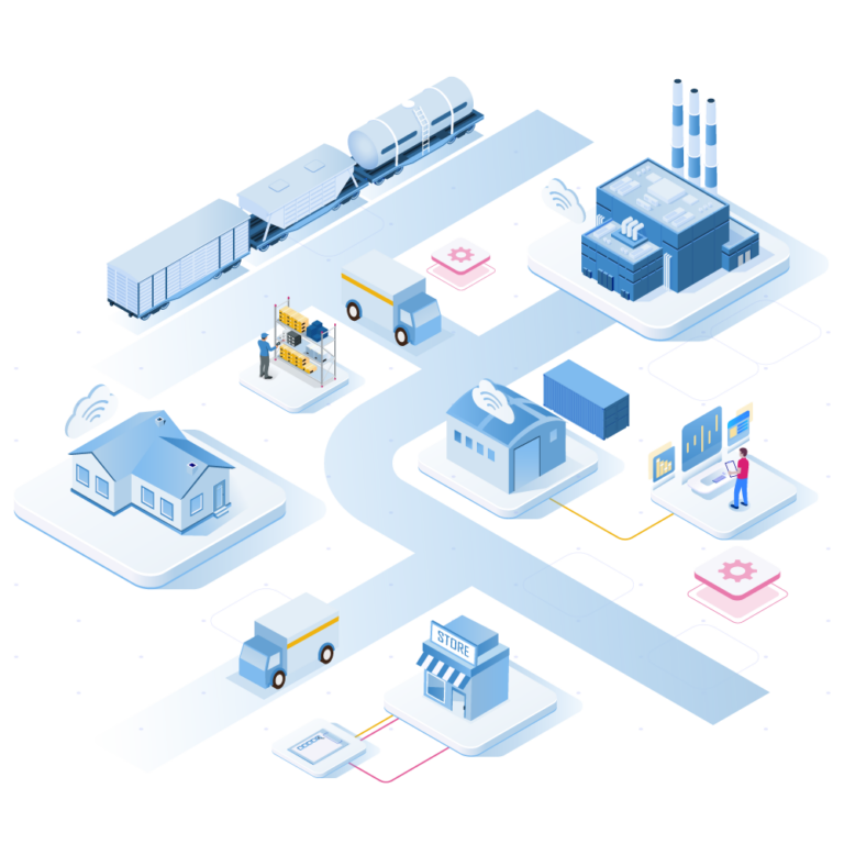 Isometric illustration showing a smart city with connected homes, factories, a store, vehicles, and a train—highlighting wireless communication, automation, IoT in urban infrastructure, and the impact of Transportation Consulting on efficient mobility solutions.