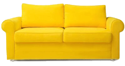 Bright yellow loveseat sofa with two large seat cushions, two matching back pillows, and rounded armrests—ideal for retail consulting spaces—set against a plain white background.