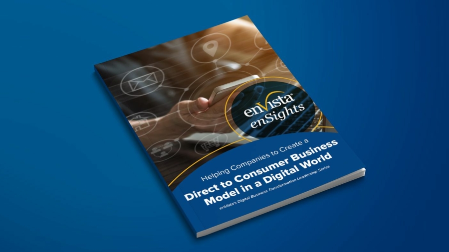 A magazine titled enVista enSights with a cover showing a hand touching a tablet, digital icons, and the headline Helping Companies to Create a Direct to Consumer Business Model in a Digital World on a blue background.