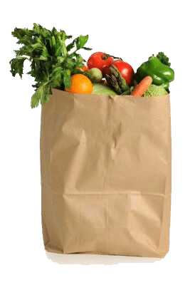 A brown paper bag filled with fresh vegetables—including celery, tomatoes, bell peppers, carrots, and an orange—showcases the bounty efficiently delivered through transportation network optimization, set against a white background.