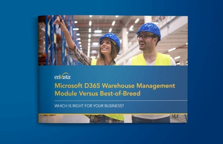 Two workers in safety vests and blue helmets smile and point inside a warehouse. The text on the image reads: Microsoft D365 Warehouse Management Module Versus Best-of-Breed. Which is right for your business?.