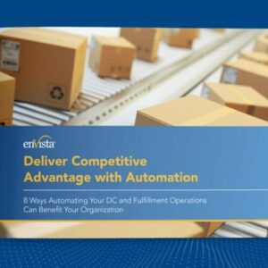A book cover featuring boxes moving on a conveyor belt. The title reads: “Deliver Competitive Advantage with Automation. 8 Ways Automating Your DC and Fulfillment Operations Can Benefit Your Organization” by enVista.