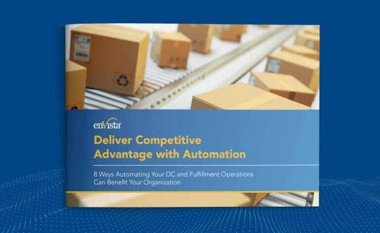 A book cover featuring boxes moving on a conveyor belt. The title reads: “Deliver Competitive Advantage with Automation. 8 Ways Automating Your DC and Fulfillment Operations Can Benefit Your Organization” by enVista.