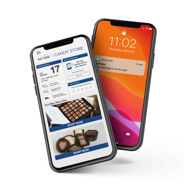 Two smartphones are displayed. One shows a candy store website with chocolates and shopping options, while the other displays a lock screen with a delivery notification message.