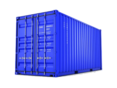 A large blue shipping container with closed double doors, metal locks, and white identification markings—ideal for use in transportation management systems—is isolated on a plain white background.