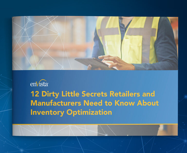 A business report cover shows a person in a yellow safety vest using a tablet, with the title: “12 Dirty Little Secrets Retailers and Manufacturers Need to Know About Inventory Optimization” on a blue and gold background.