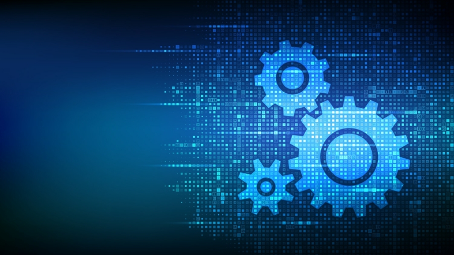 Three blue gears of varying sizes are interconnected on the right side over a digital pixelated background, symbolizing technology, machinery, or teamwork, with a dark blue gradient filling the left side of the image.