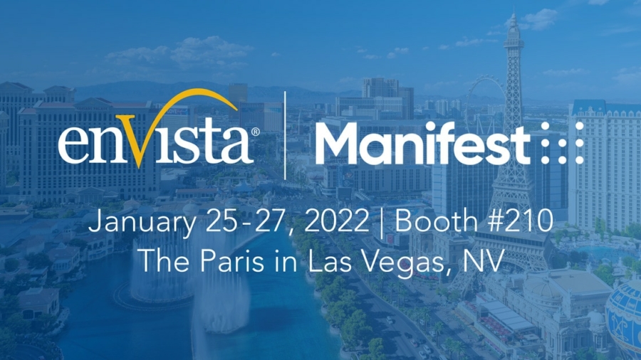 Promotional graphic for enVista and Manifest event, January 25-27, 2022, Booth #210, at The Paris in Las Vegas, NV. Background shows the Las Vegas cityscape and the replica Eiffel Tower.