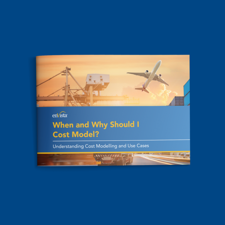 A booklet titled When and Why Should I Cost Model? Understanding Cost Modelling and Use Cases with images of a cargo plane, shipping containers, and cranes on the cover.