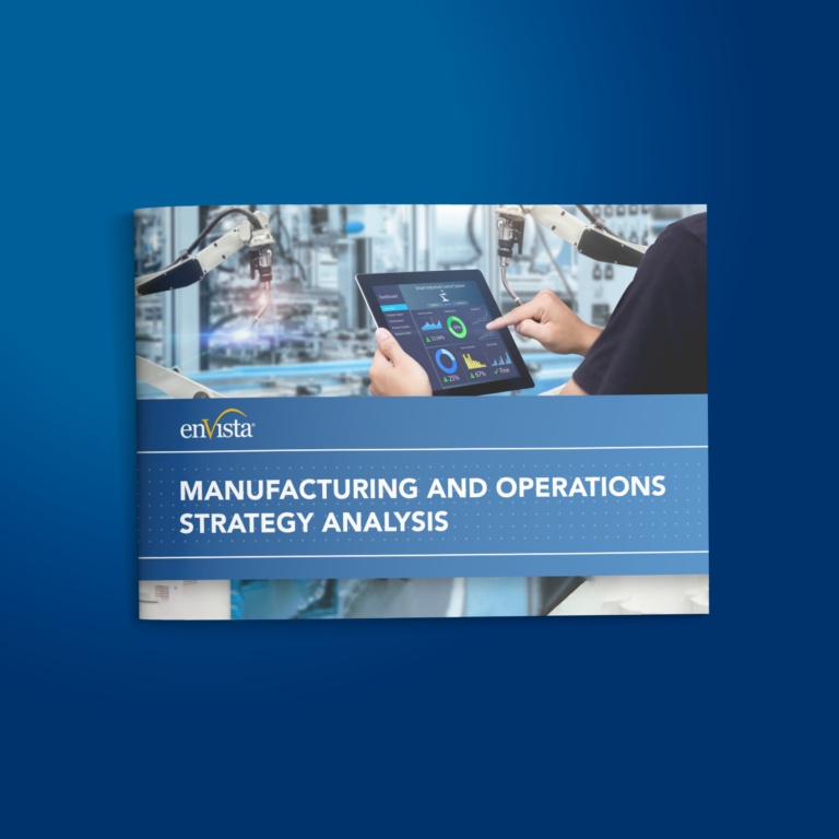 A person operates a tablet displaying data charts in a high-tech manufacturing setting with robotic arms. The cover text reads: enVista Manufacturing and Operations Strategy Analysis.