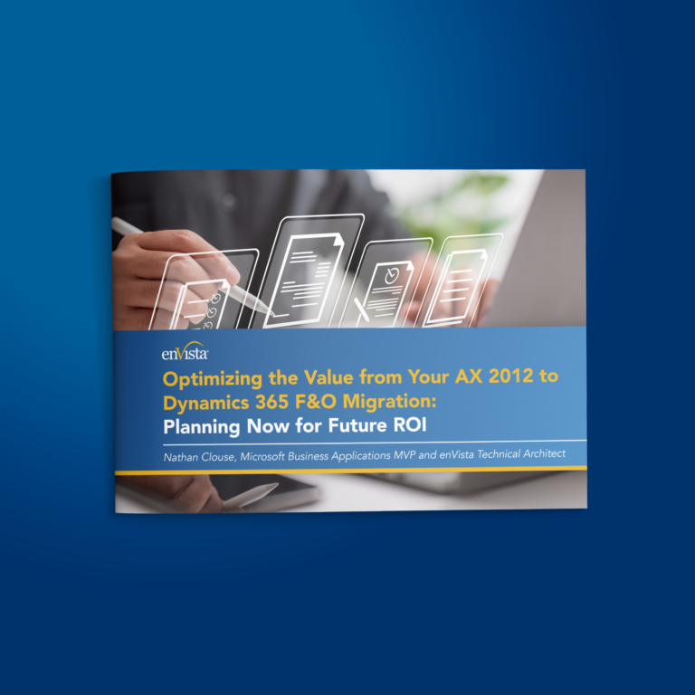 A booklet cover titled Optimizing the Value from Your AX 2012 to Dynamics 365 F&O Migration: Planning Now for Future ROI by Nathan Clouse, with digital icons and a person writing on a document.