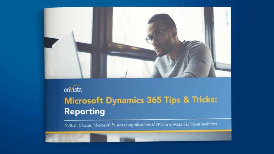 A booklet cover titled Microsoft Dynamics 365 Tips & Tricks: Reporting by enVista. It features a focused man typing on a laptop by a large window, with a blue and yellow design theme.