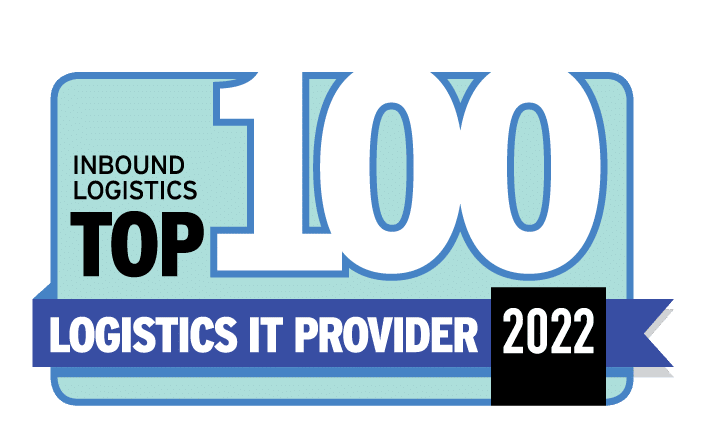 Award graphic with text: Inbound Logistics Top 100 Logistics IT Provider 2022 in bold letters, featuring a large 100 against a blue and teal background, with a blue ribbon highlighting the year 2022 for excellence in labor management system solutions.