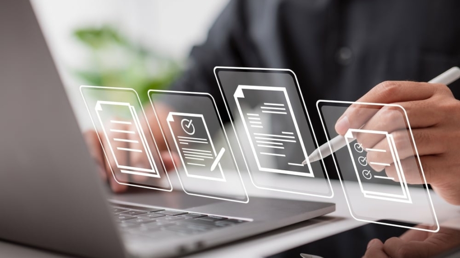 A person uses a stylus on a laptop, with floating digital icons of documents and checklists representing electronic document signing and online form completion.