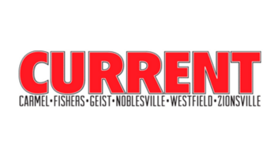 Logo with the word CURRENT in bold red capital letters, and the names Carmel, Fishers, Geist, Noblesville, Westfield, and Zionsville listed below in smaller black text.