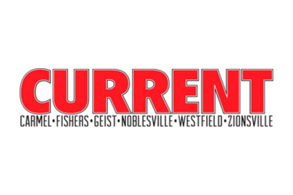 Logo with the word CURRENT in bold red capital letters, and the names Carmel, Fishers, Geist, Noblesville, Westfield, and Zionsville listed below in smaller black text.
