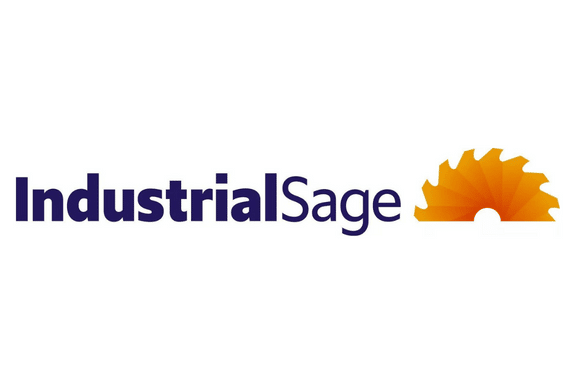 Logo for IndustrialSage with the text in blue and purple letters. To the right of the text is an orange gear or saw blade icon with a gradient effect. The background is white.