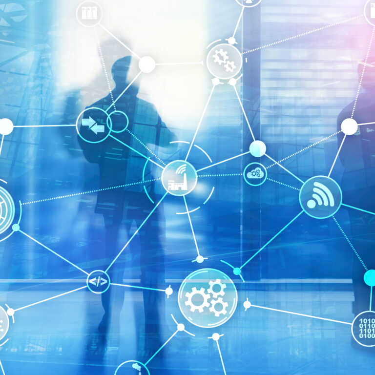 Abstract image of silhouetted people standing in a modern office, overlaid with interconnected digital network icons representing technology, supply chain execution software, and global connectivity. Blue tones dominate the background.