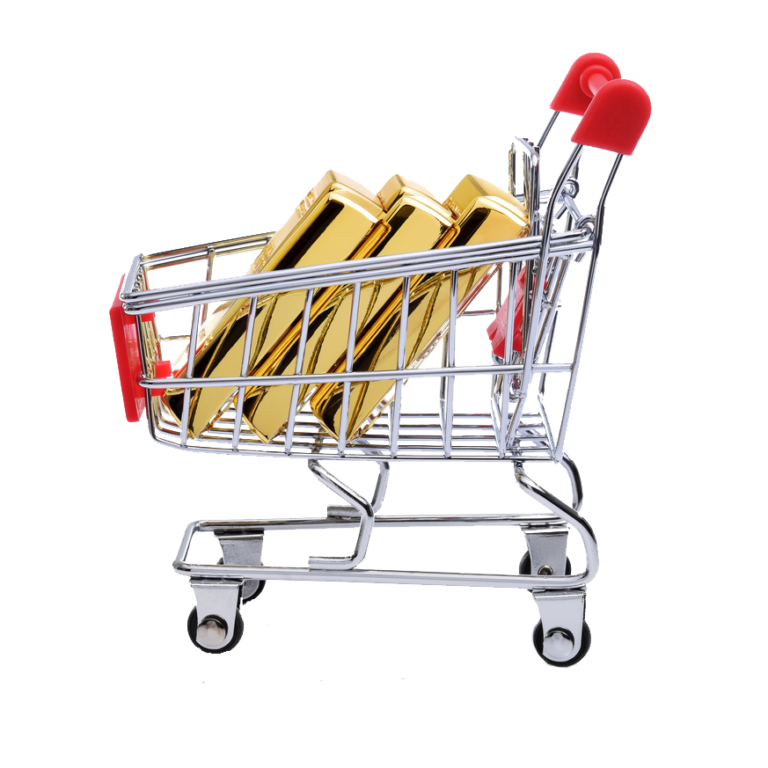 A small shopping cart with red handles contains several stacked gold bars, symbolizing the value that transportation consulting services can deliver, set against a plain white background.