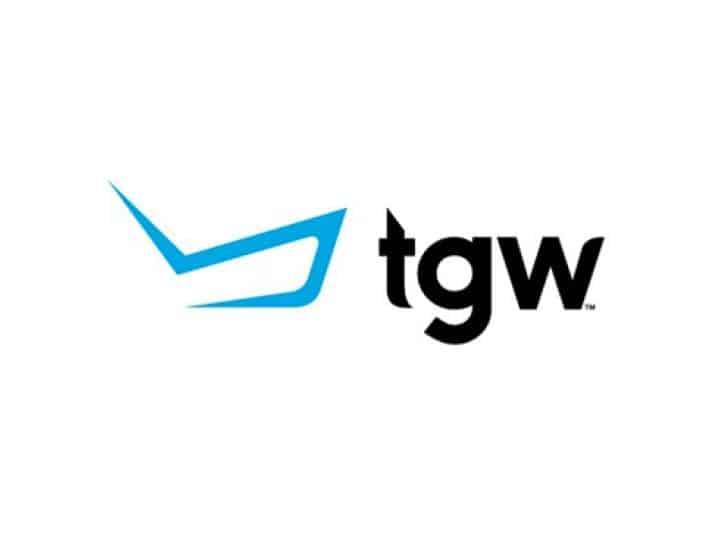 The image shows a stylized blue checkmark-like symbol to the left of the bold, lowercase black letters tgw on a white background.