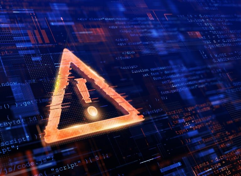 A glowing orange warning triangle with an exclamation mark appears over a digital background filled with computer code and circuit-like patterns, suggesting a cybersecurity threat or data breach.