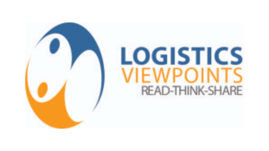 Logo for Logistics Viewpoints featuring a blue and orange abstract circular design next to the words LOGISTICS VIEWPOINTS READ-THINK-SHARE in blue and orange text.