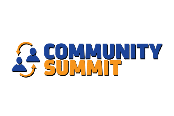 Logo with two blue people icons connected by orange arrows on the left, and the words Community Summit in bold blue and orange letters on the right, on a white background.