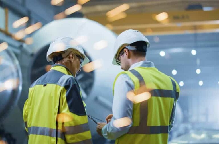 Two workers wearing safety helmets and high-visibility jackets stand in an industrial facility, talking and looking at a clipboard, with bright sparks flying in the foreground.