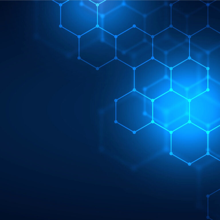 Abstract blue background with glowing hexagonal shapes connected in a honeycomb pattern, creating a modern, futuristic, and technological design effect inspired by Microsoft Business Solutions.