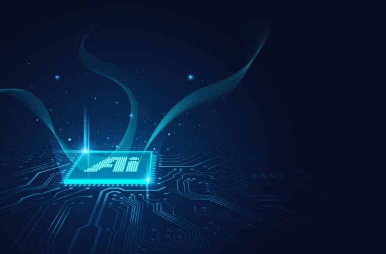 A glowing microchip labeled AI sits on a dark circuit board, emitting blue light and surrounded by abstract, flowing light trails—capturing the essence of artificial intelligence technology central to the Copilot Readiness Workshop.