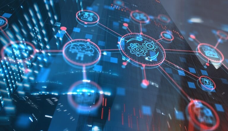 A digital interface featuring interconnected technology icons, such as gears and cloud symbols, overlays a blurred cityscape of tall buildings, symbolizing modern technology, network connectivity, and supply chain automation.