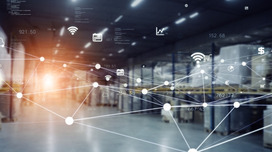 A modern warehouse filled with shelves and boxes is overlaid with digital icons and lines, representing connectivity and technology in logistics and supply chain management.