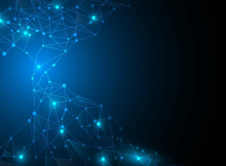 Abstract image of interconnected blue glowing dots and lines forming a network pattern on a dark background, with a bright central glow and a gradual fade to black on the right side.