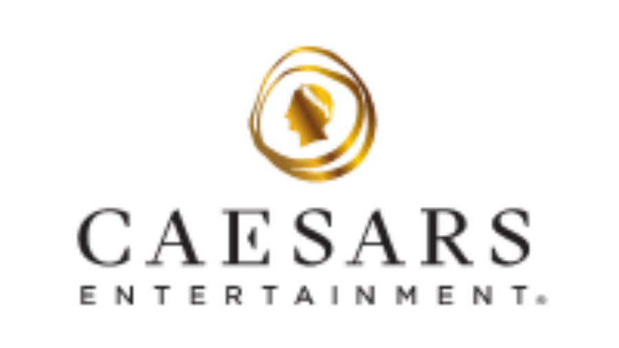 Caesars Entertainment logo featuring a golden silhouette of a person surrounded by swirling lines above the words Caesars Entertainment in bold, black uppercase letters on a light background.