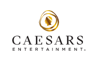 Caesars Entertainment logo featuring a golden silhouette of a person surrounded by swirling lines above the words Caesars Entertainment in bold, black uppercase letters on a light background.