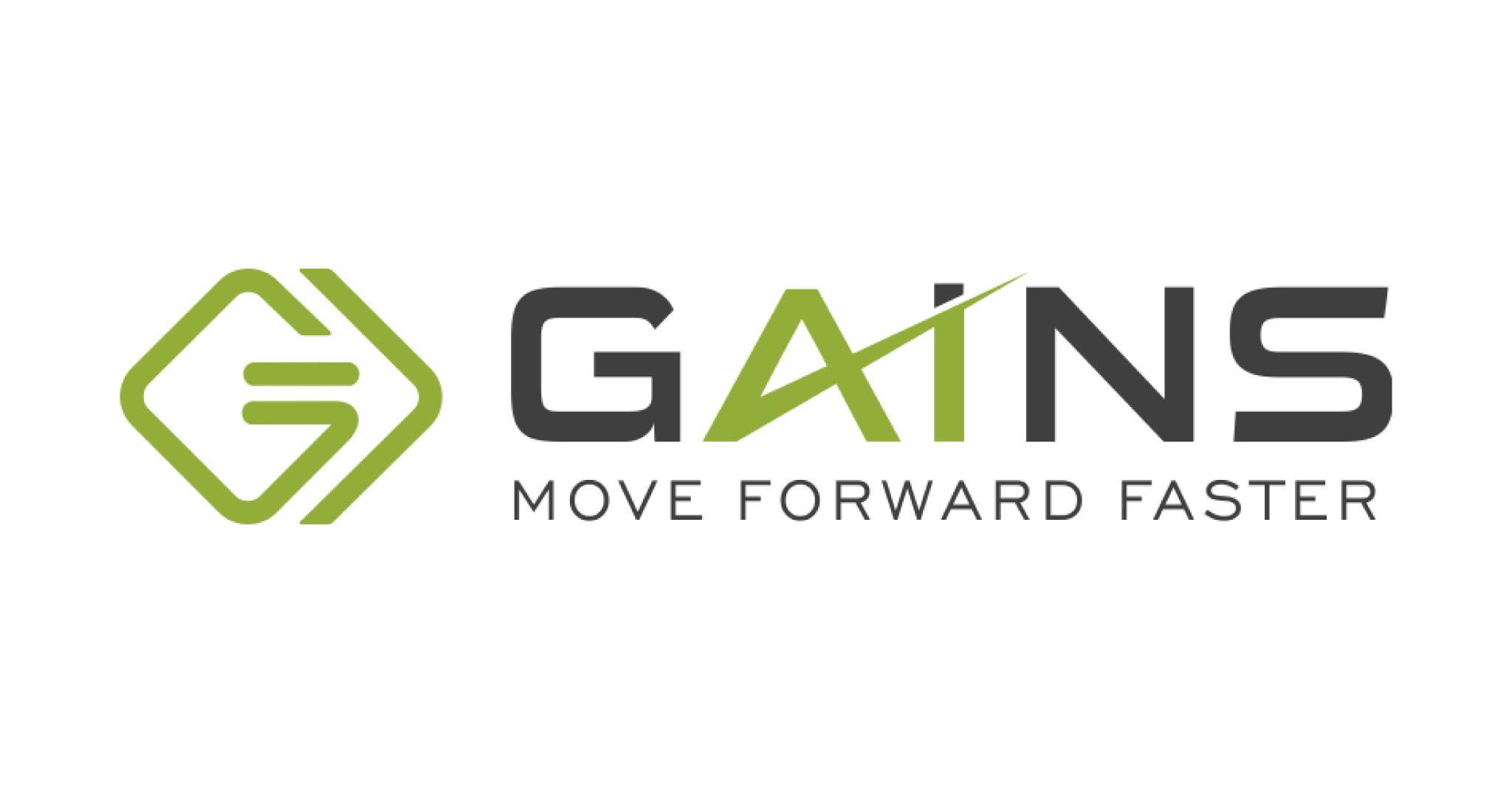 A green and black logo with the word GAINS, ideal for inventory optimization consulting. The letter A is stylized with an upward arrow, MOVE FORWARD FASTER is the slogan below, and a green abstract icon appears on the left.