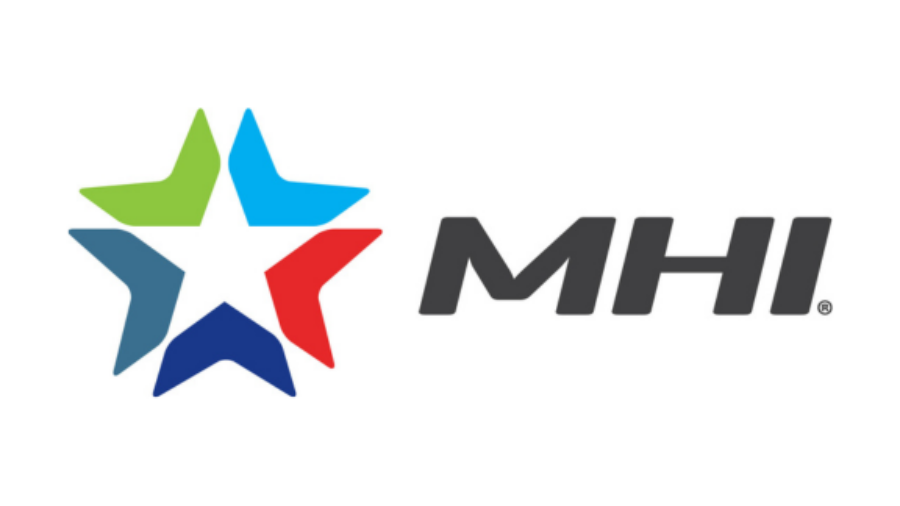 A five-pointed star made of blue, green, and red segments is next to bold, gray letters reading MHI on a white background.