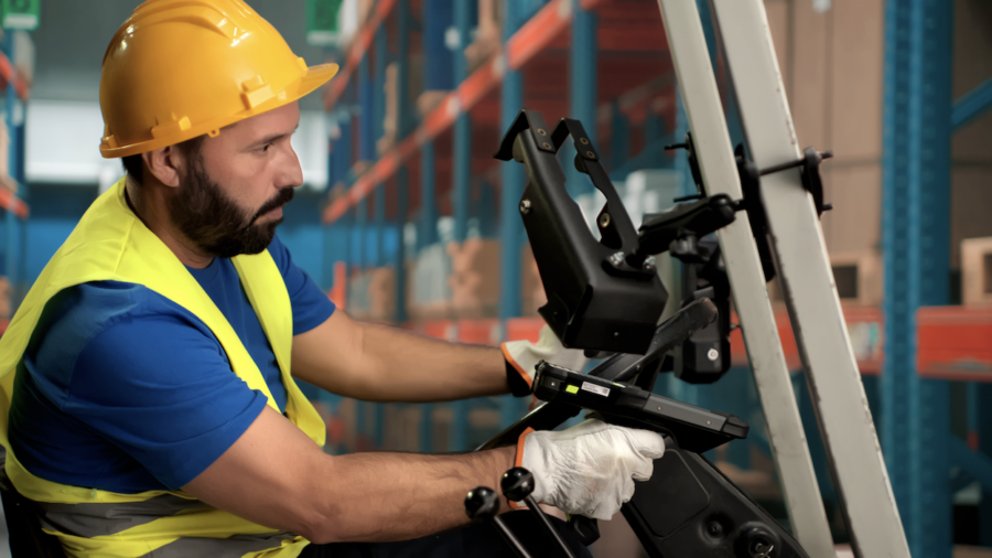A warehouse worker wearing a yellow hard hat, reflective vest, and gloves operates a forklift inside an ERP-managed storage facility with shelves of boxes in the background.