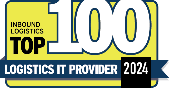 A graphic badge reading Inbound Logistics Top 100 Logistics IT Provider 2024 in bold text on a yellow and blue background.