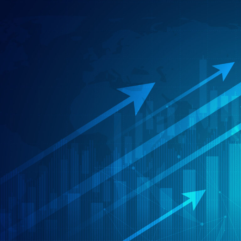 Blue arrows pointing upward over a bar graph, symbolizing growth and progress, with a world map faintly visible in the background.