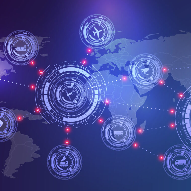 A digital world map with glowing, futuristic circular icons connected by dotted lines, representing artificial intelligence in supply chain and various industries like manufacturing, shipping, aviation, robotics, and logistics on a blue and purple background.