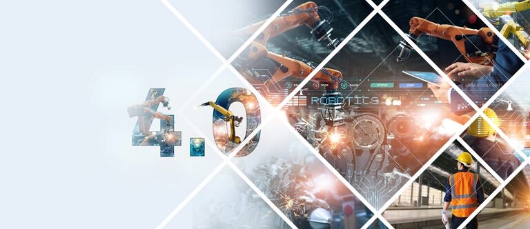 Collage of industrial robotics, engineers, and machinery with “4.0” text, symbolizing Industry 4.0, automation, and advanced technology in modern manufacturing environments.